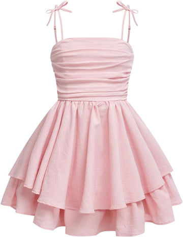 Girl's Flowy Ruched Layered Ruffle Smocked Summer Cami Dresses