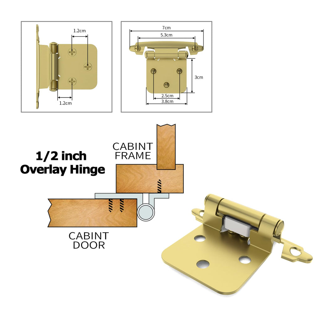 1/2" Overlay Cabinet Hinges, 20 Pack Self Closing Flush Mount Hinges with Door Bumper, Variable Decorative Hardware