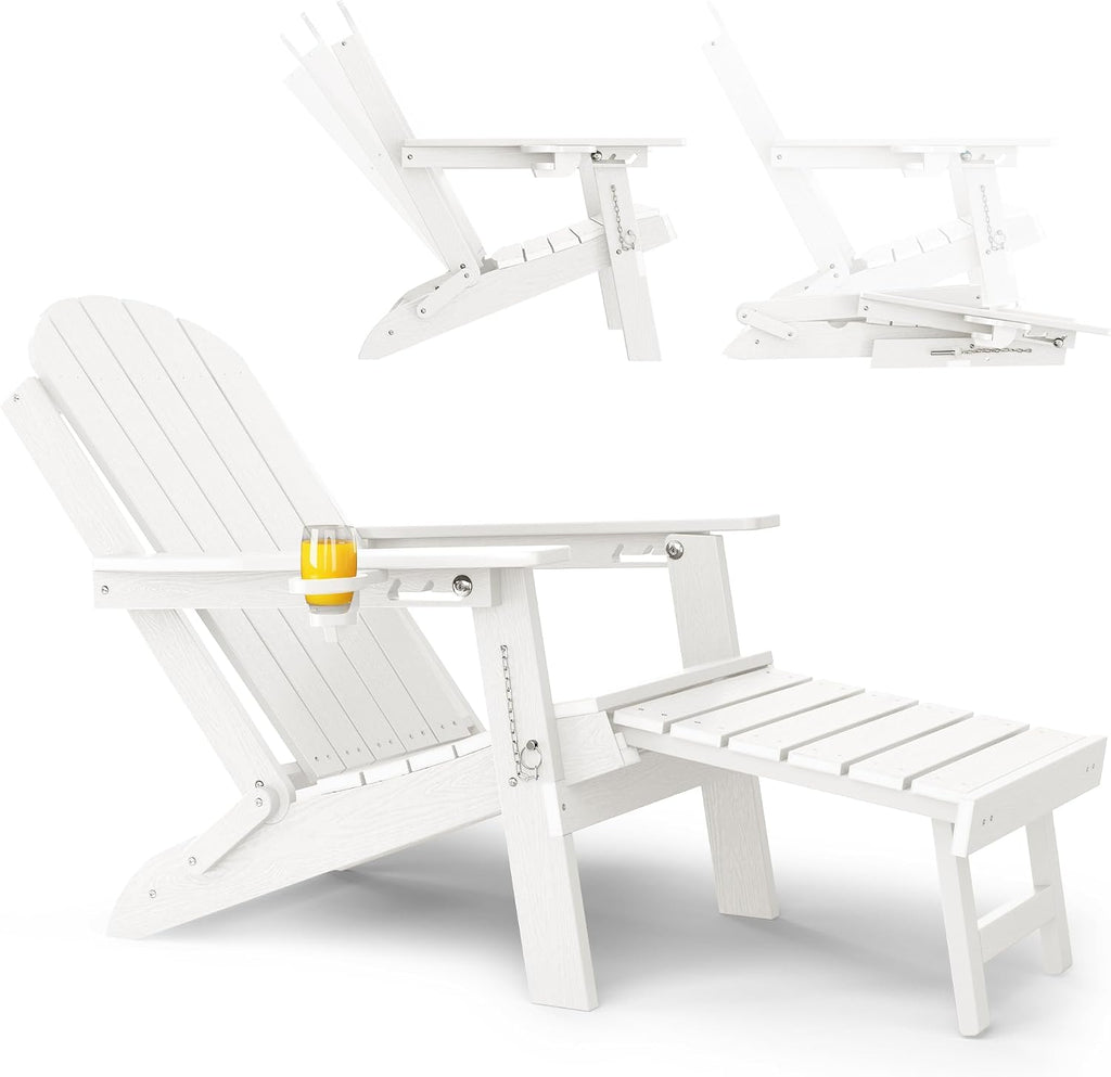 Adirondack Chairs with Footrest, HDPE Adirondack Chair, White | Folding Adirondack Chair, Adjustable Backrest