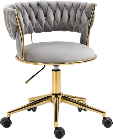 Velvet Office Desk Chair with Hand Woven Backrest, 360° Swivel & Height Adjustable Task Chairs, Makeup Chair, Living