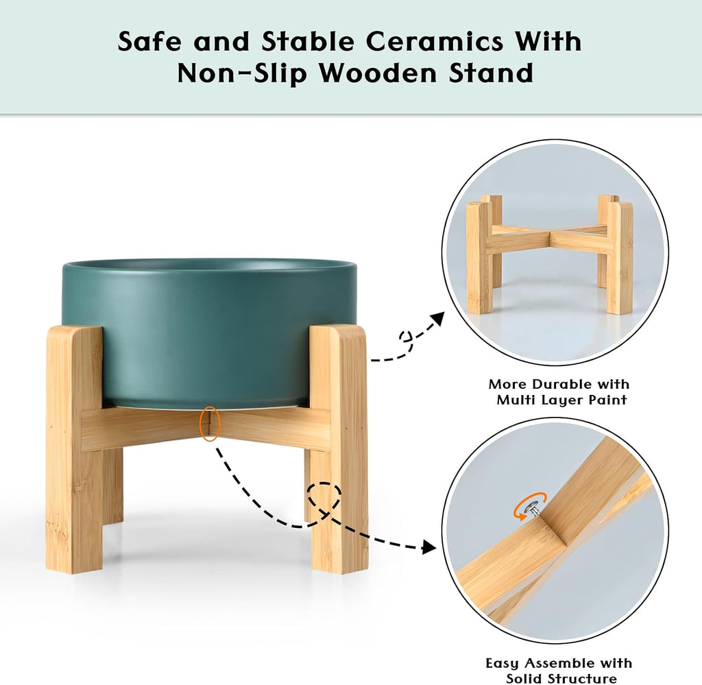 Ceramic Elevated Dog Bowls 2 Pack - 5.1inch Raised Dog Bowls with Non-Slip Wooden Stand for Small Dogs Dishwasher