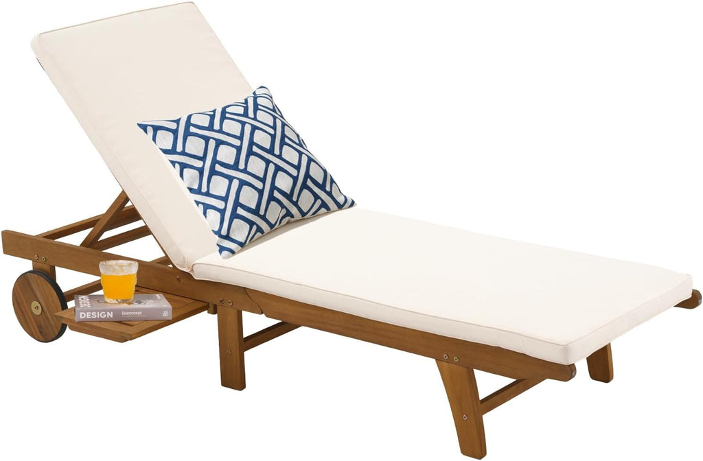 Patio Acacia Wood Chaise Lounge Chair, Pull-Out Table, Cream | Foldable Lounge Chair with Adjustable Backrest