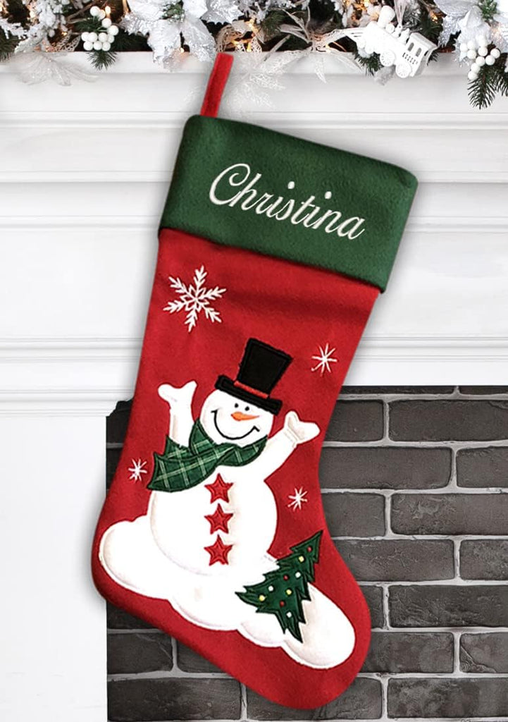 Personalized - Snowman Design - Embroidered Name - Large 18.5inch, Traditional Red and Green, Family Holiday Season