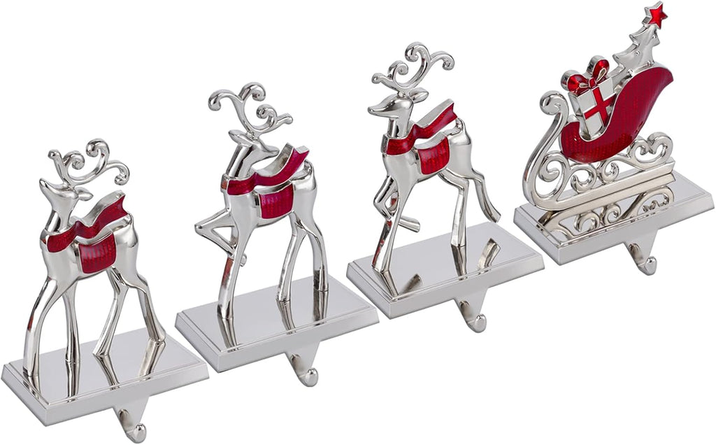 Set of 4 Reindeer Christmas Stocking Hangers for Mantel Xmas Stocking Hooks for Fireplace Mantle,Metal Free Standing