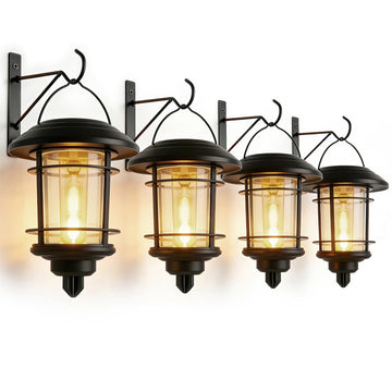 4 Pack Solar Lanterns Outdoor, Hanging Lantern Solar Garden Lights with Edison Bulb, Wall Mounted LED Light Auto