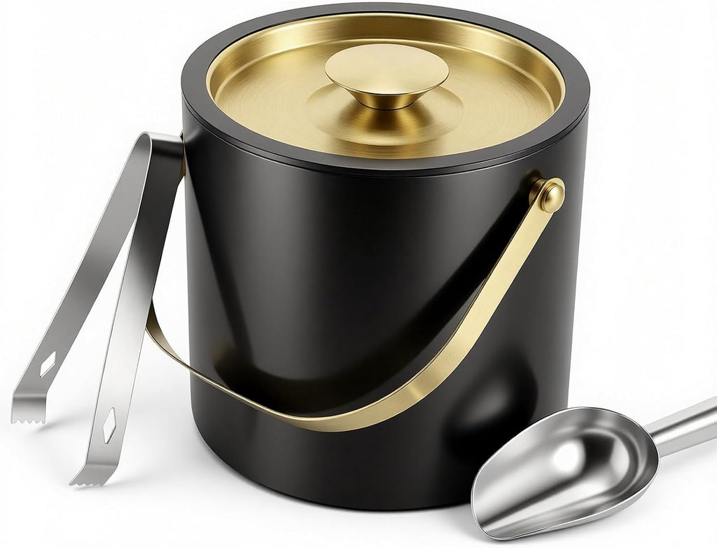 3L Modern Insulated Ice Bucket with Silicone Lid, Scoop, Strainer Double Wall Insulated Stainless Steel Ice-Bucket