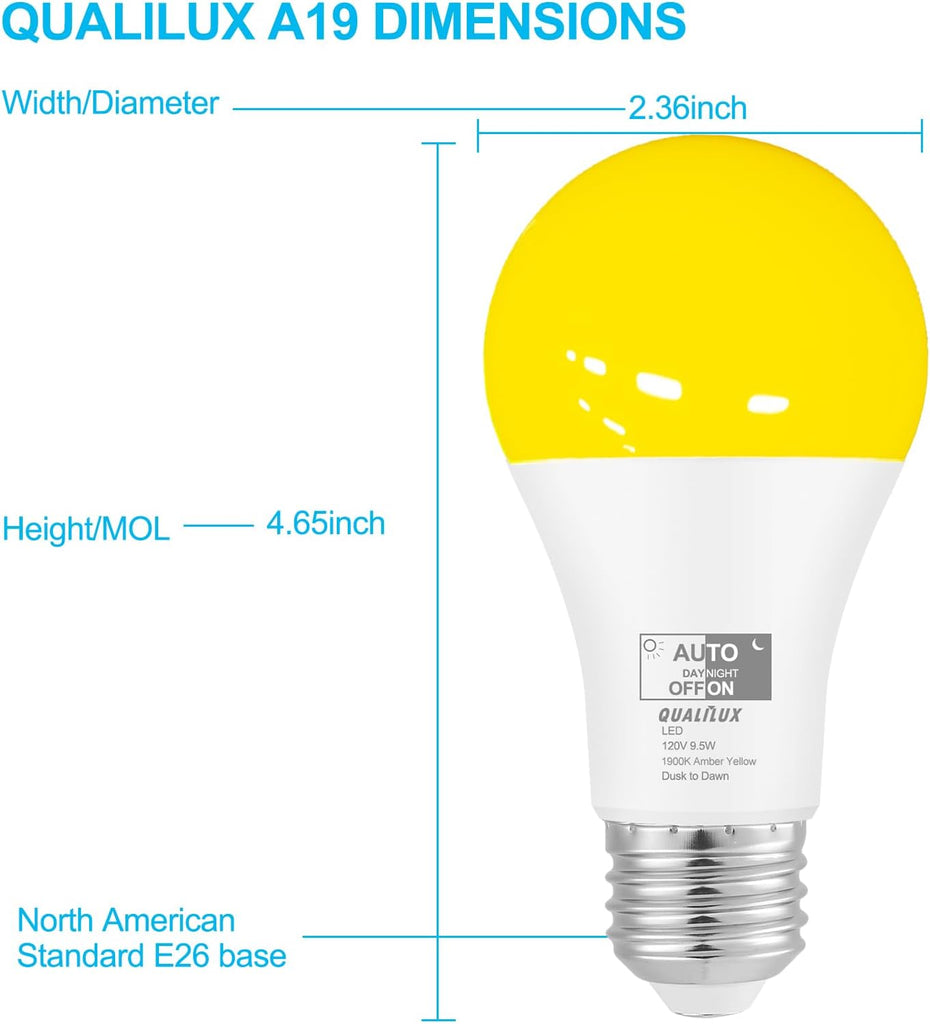 Dusk to Dawn A19 LED Bug Light Bulbs Outdoor, 1900K Amber Yellow, 600 Lumen, LED 9.5W, E26, 2-Pack, HQ-H017