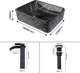 Black Marble Bathroom Vessel Sink With Faucet and Drain 19x15 Inch Rectangular Ceramic Sink Marbling Basin Bowls Above