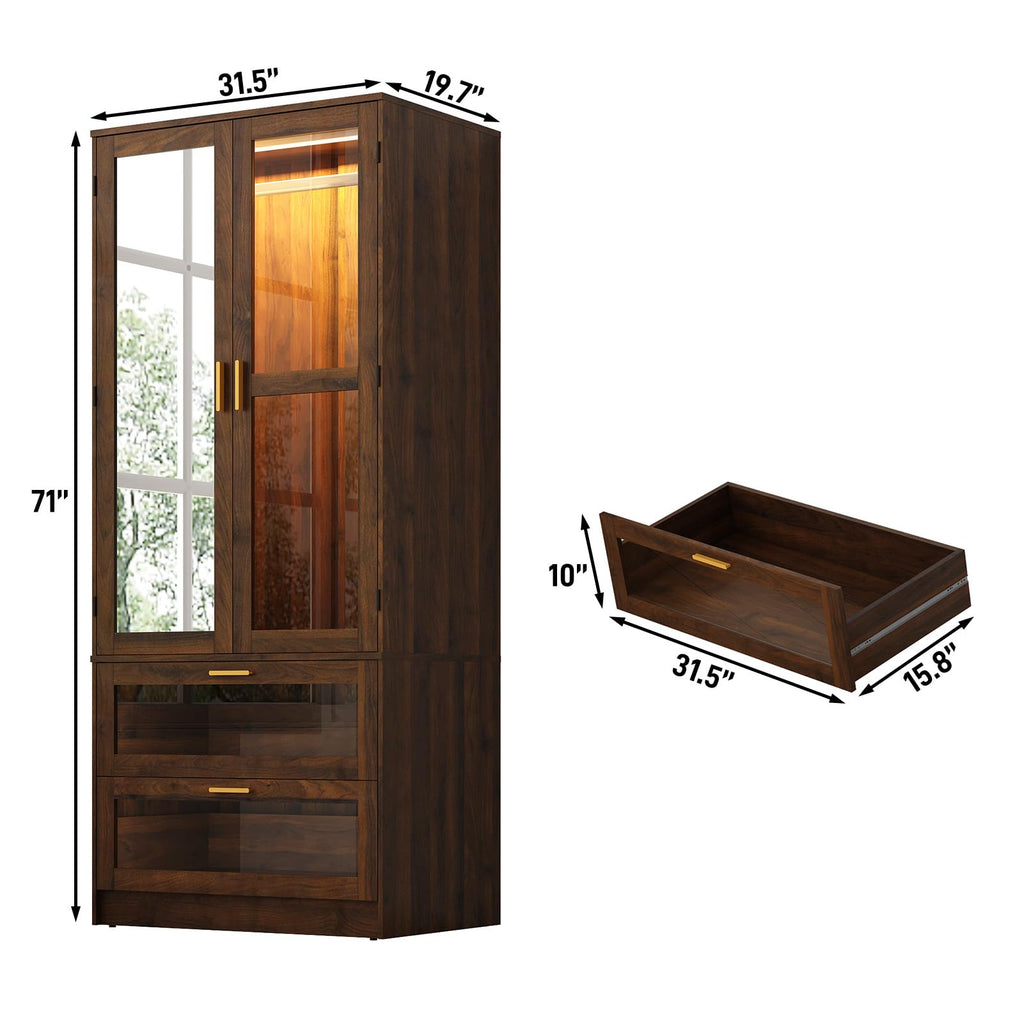 2Doors Armoire Wardrobe Closet with Sensor LED Light and Mirror