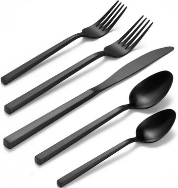 Cube Black 20-Piece Forged Silverware Set Stainless Steel Flatware Set,Service for 4,Matte Satin Polished Cutlery Set