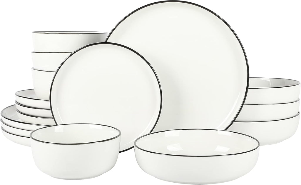 Oslo 16-Piece Porcelain Dinnerware Set, Service for 4 - White Plates with Black Rim, Microwave & Dishwasher Safe
