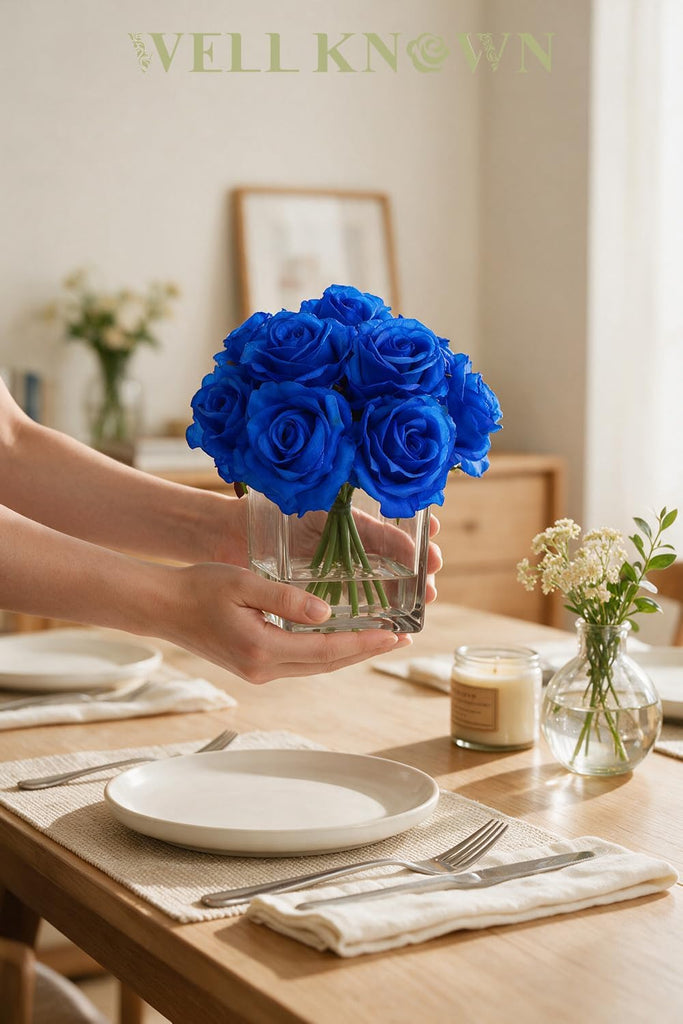 Artificial Royal Blue Rose Flowers in Cube Vase with Faux Water