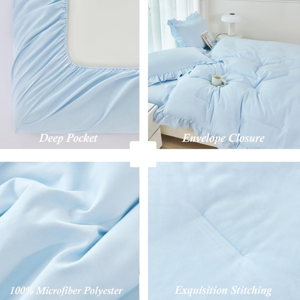 5 Pieces Light Blue Full Bed in A Bag for Kids Girls Ruffle Bedding Sets Boho Comforter Set Vintage Farmhouse Bedding