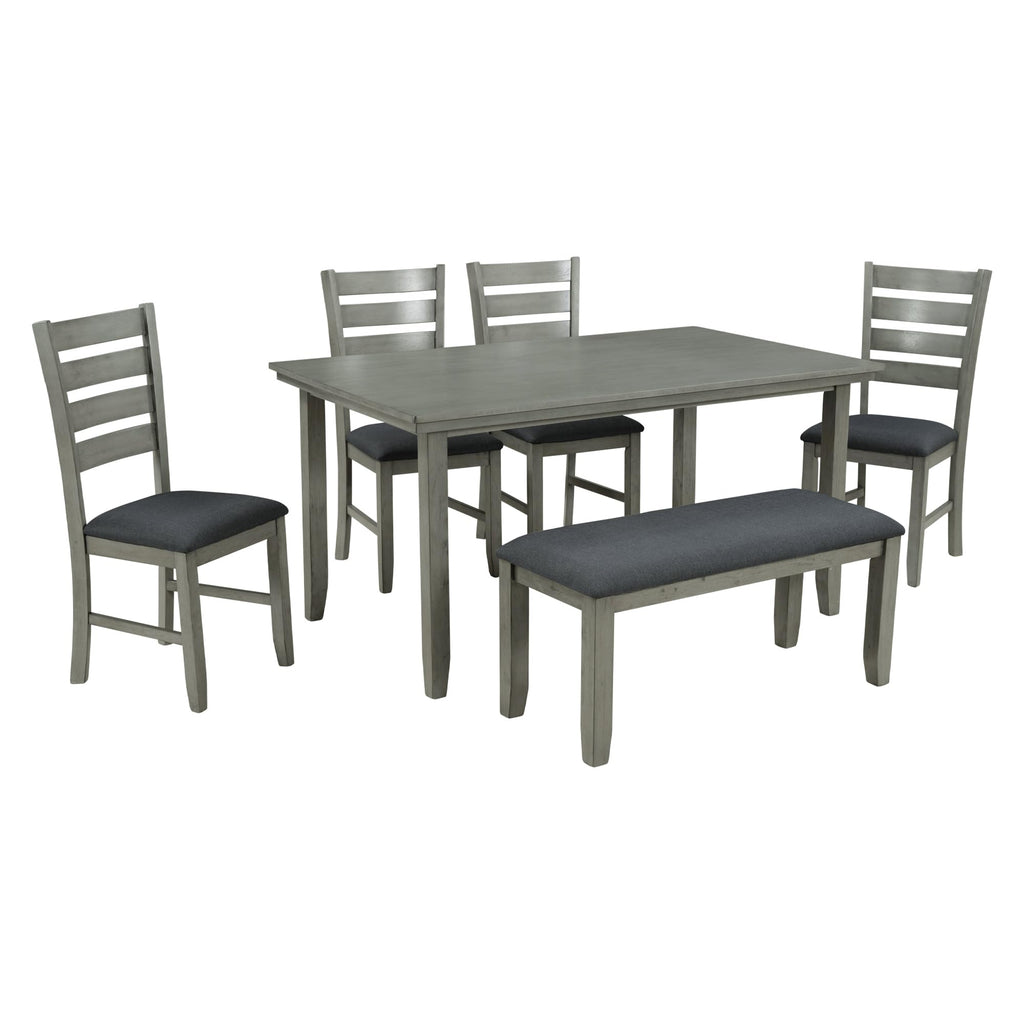 Wooden Kitchen Table and Chairs Set with Bench for 6 Persons Farmhouse 6 Piece Dining Room Table Set, Darkk Gray