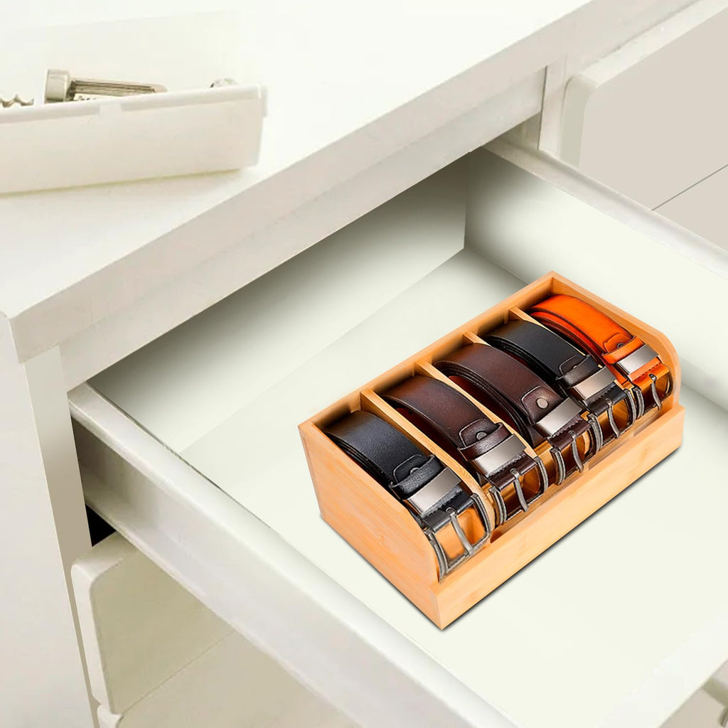 Belt Organizer, 5 Compartments Belt Organizer for Closet and Drawer, Bamboo Display Case for Tie and Belt, Belt