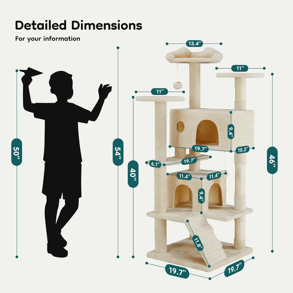 54-inch Indoor Cat Tree Tower - Multi-Level Pet House for Large Cats with 2 Condos, Scratching Posts, Round Platform
