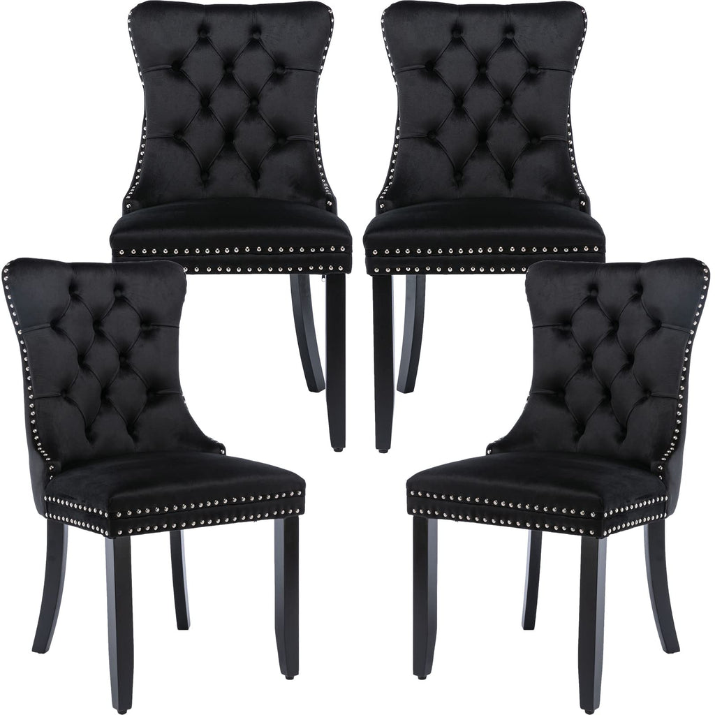 Modern Tufted Upholstered Dining Chairs Set of 4, Classic Black Velvet Dining Room Chair with Solid Wood Legs, Sillas
