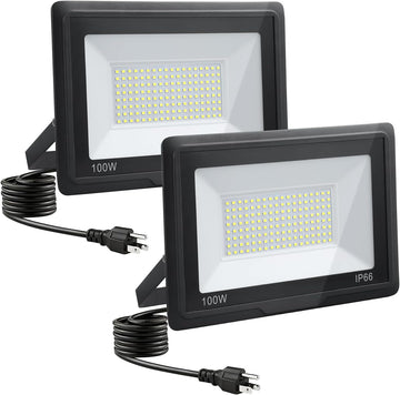100W LED Flood Lights Outdoor, 2pack 10000lm Bright Plug in Flood Light | 6500k Daylight White Outdoor LED Lights