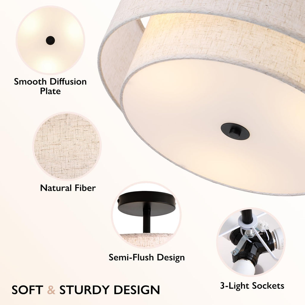 16" Double Drum 3-Light Semi Flush Mount Ceiling Light, Classic Fabric Linen Shade Design