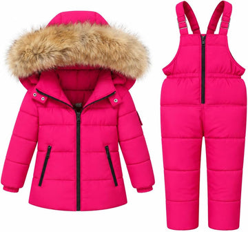 Kids 2 Piece Snowsuit Set Girl Winter Hooded Puffer Jacket & Snow Bib Pants Boy Ski Suits