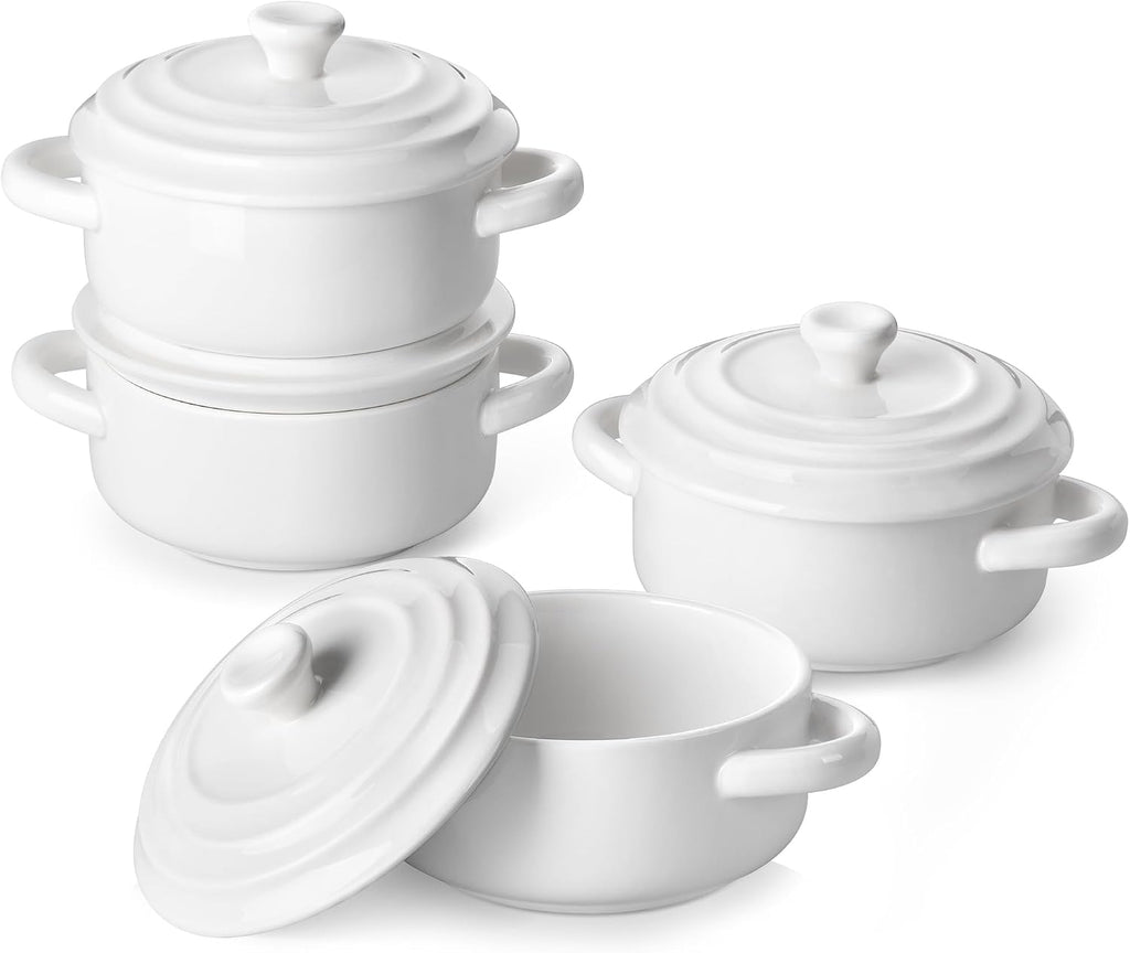 Mini Cocotte Set of 4, 14 OZ Ceramic Casserole Dishes with Lids | Single Serving Small Dutch Oven Set, Lasagna