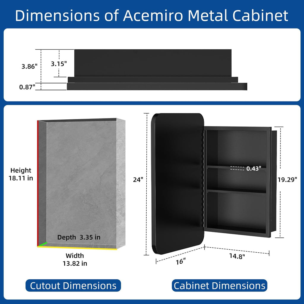16x24 Inch Black Mirror Medicine Cabinet Metal Framed Recessed Wall Mounted Bathroom Medicine Cabinet with Mirror and