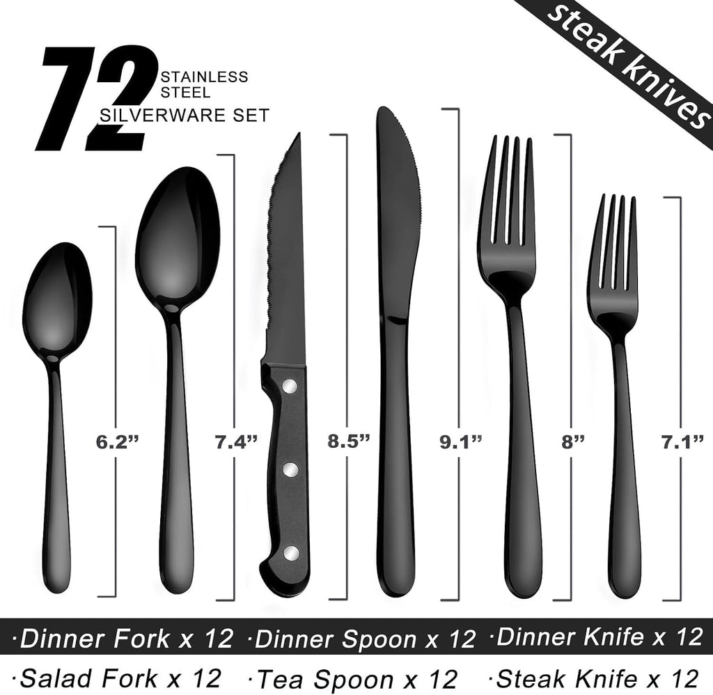 72P Black Silverware Set for 12 - Stainless Steel Flatware Set with Mirror Polish, Black Silverware Set Including
