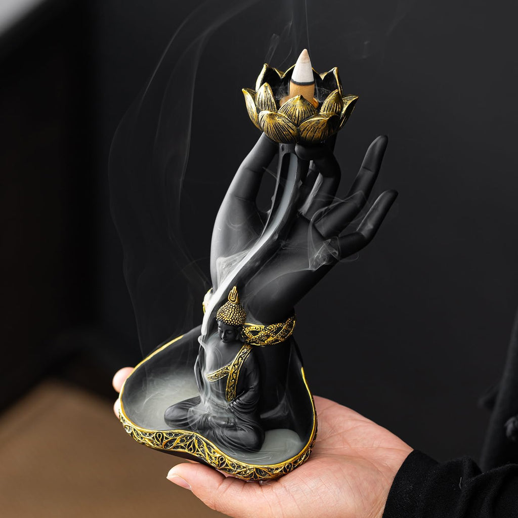 7.9 inch Resin Buddha Hand Backflow Incense Burner with Lotus