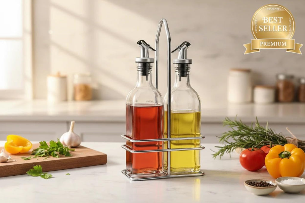 Oil and Vinegar Bottle Cruet Set with Wire Caddy - Set of 2