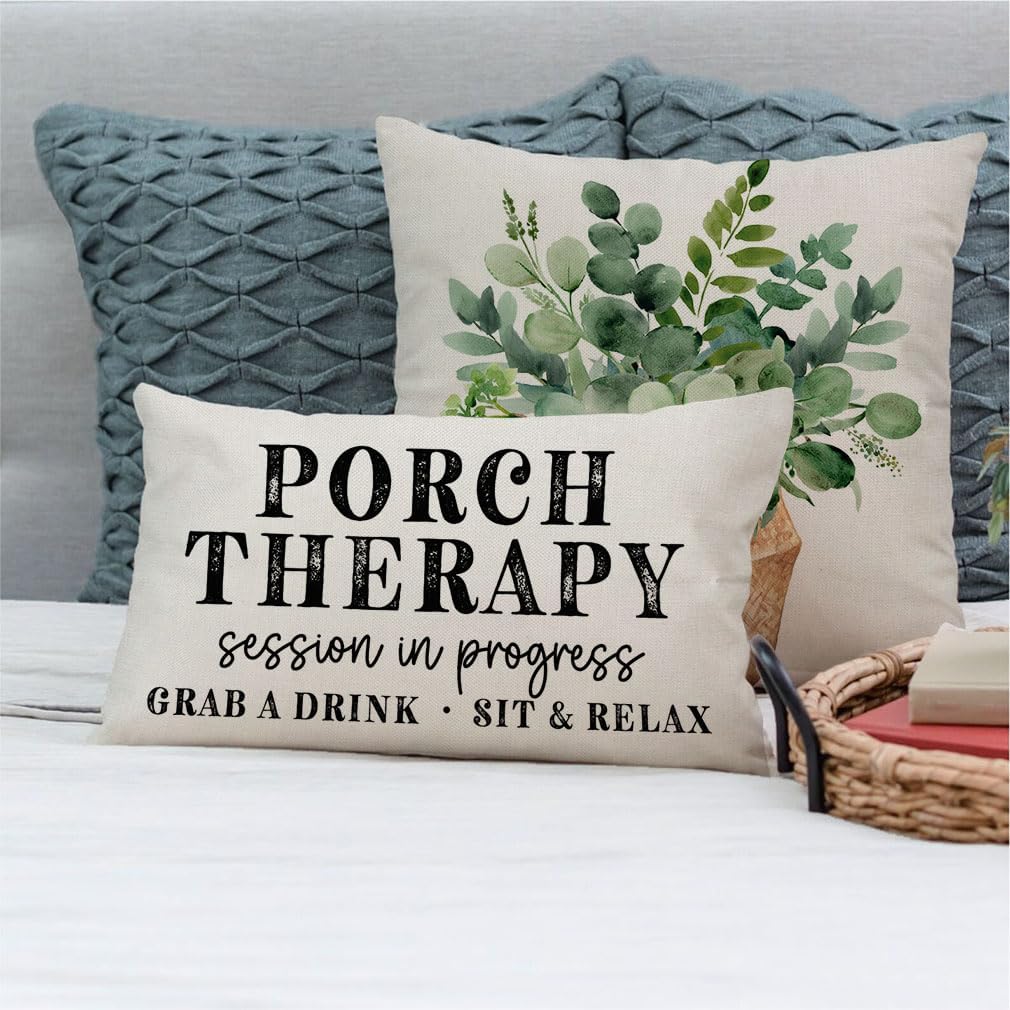 Farmhouse Throw Pillow Covers 12x20 Inch Porch Therapy Session in Progress Relax Outdoor Rustic Lumbar Decorative