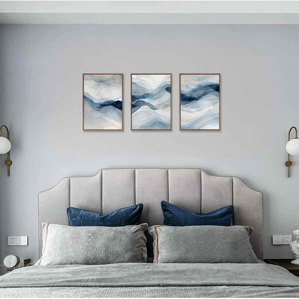 3 Piece Large Abstract Framed Wall Art, Smoke Texture Ink Navy Blue Canvas Wall Art Modern Minimalist Art Prints