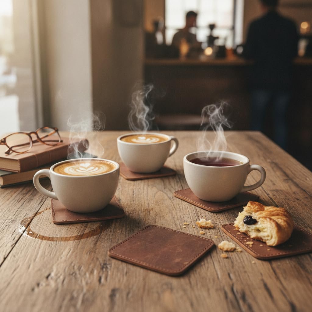 Coaster (3.5 inch) Geniune Leather Tea Coasters for Hot Water, Coffee, Beverage Beer Tea Cup Wine Luxarious - Set of 6