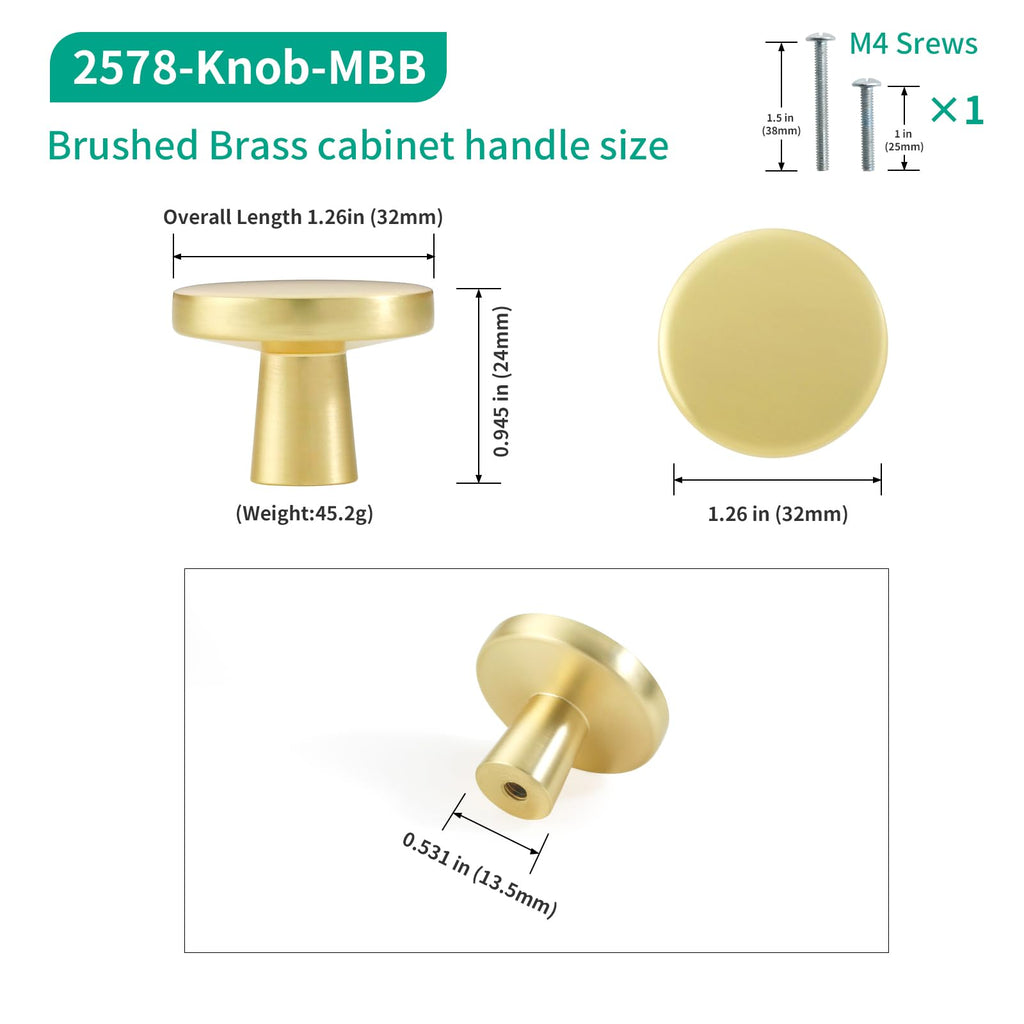 6 Pack Brushed Brass Round Cabinet Knobs 1-1/4 Inch Zinc Alloy