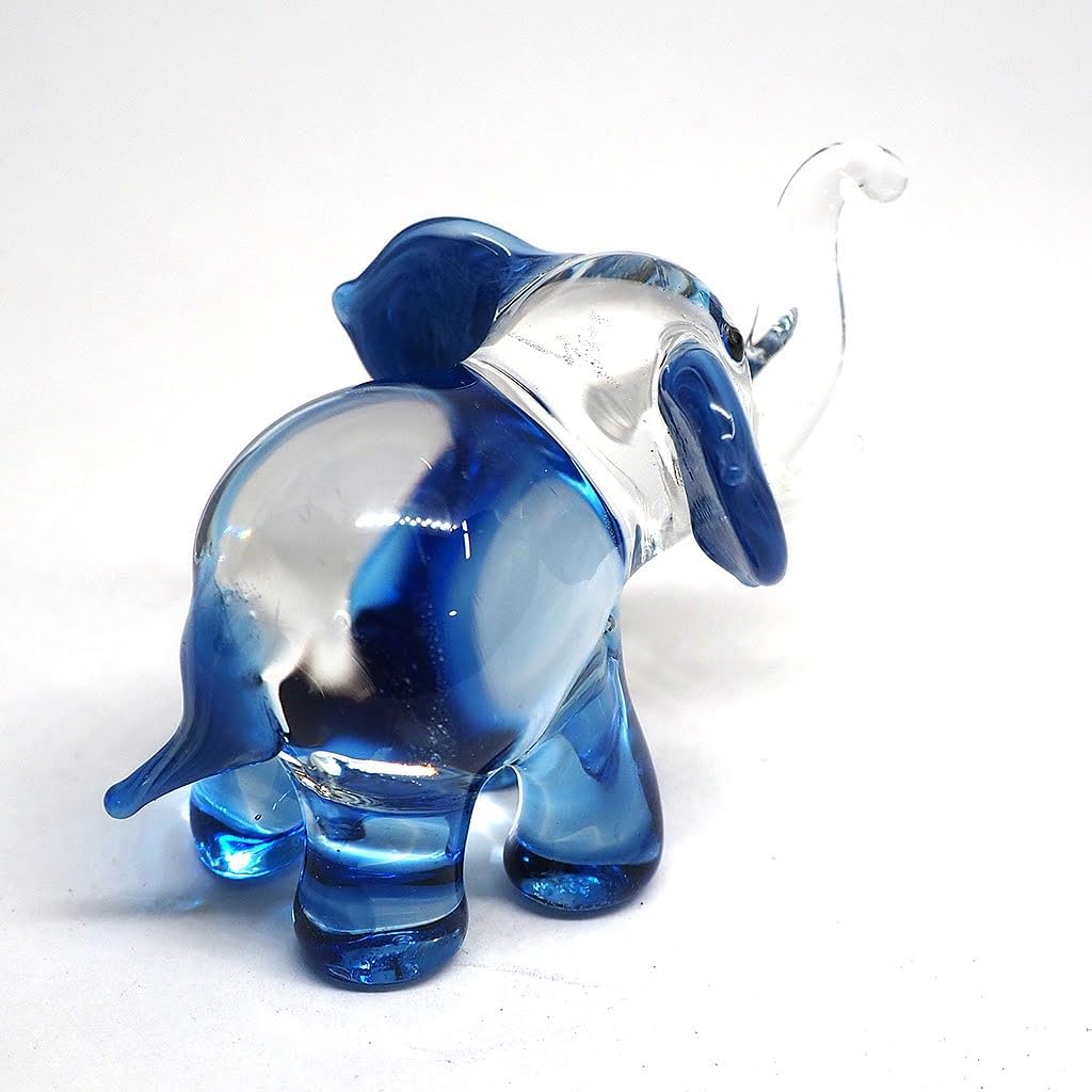 Lucky Elephant Figurines Blue Hand Blown Art Glass Collectible Animal Ornament Gift Decor, 1.5 x 2.5 x 1.8 inches