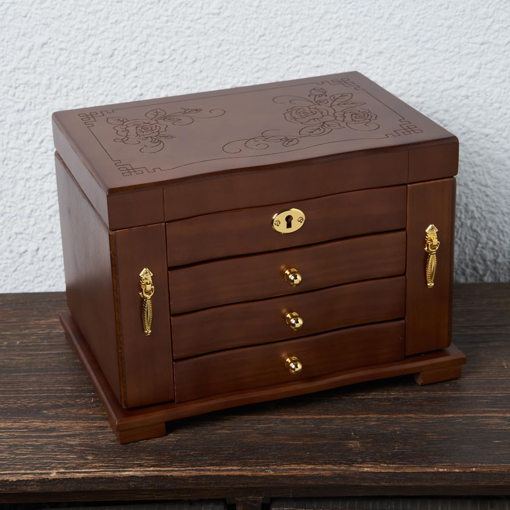 Wooden Jewelry Box for Women, Solid Wood Jewelry Organizer with Mirror and 3-Drawer, Ring,Necklacel,Vintage Style