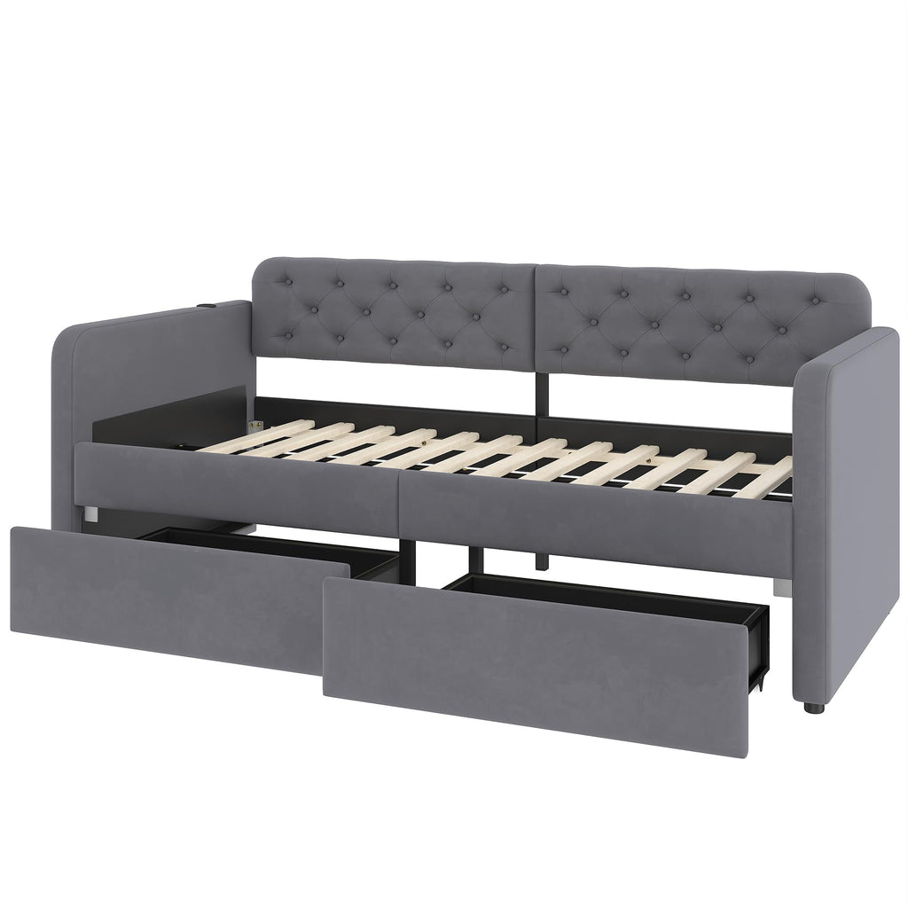 Twin Daybed with Storage Drawers, Velvet Upholstered Daybed Frame with USB Port, Button Tufted Backrest, Twin Size