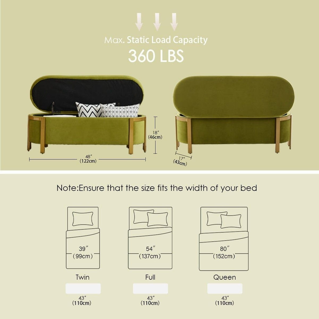 48" Velvet Storage Bench with Gold Legs, Olive Green | End of Bed Ottoman Bench with Hidden Storage