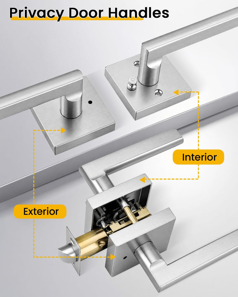 Brushed Nickel Door Handles Interior, Privacy Bedroom - 3 Pack
