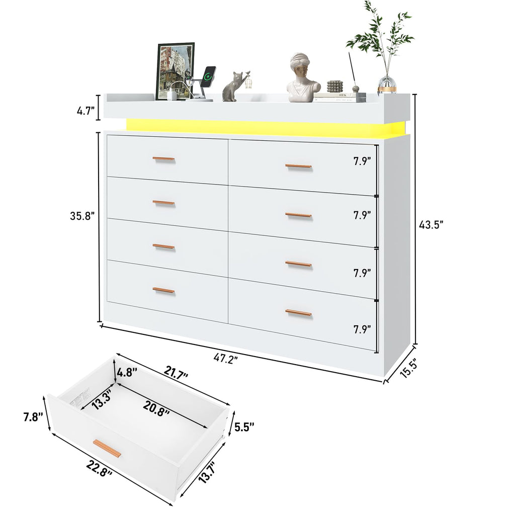 8 Drawer with Charging Station and LED Lights, Modern Chest of Drawers with Power Outlet, Organizer Cabinet, White
