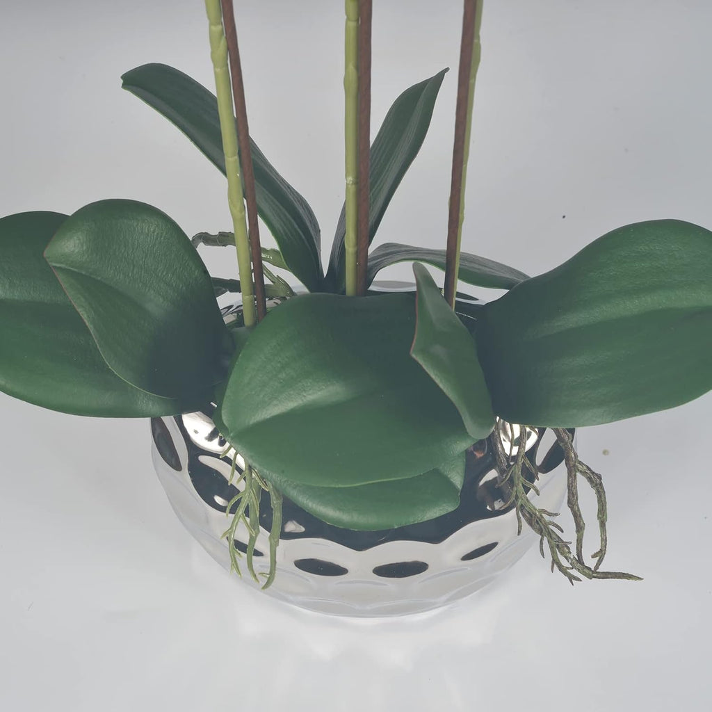 Artificial Orchid Plants & Flowers Arrangement in Ceramic Pot, Fake Faux White Orchid with Silver Vase, Faux Orchids