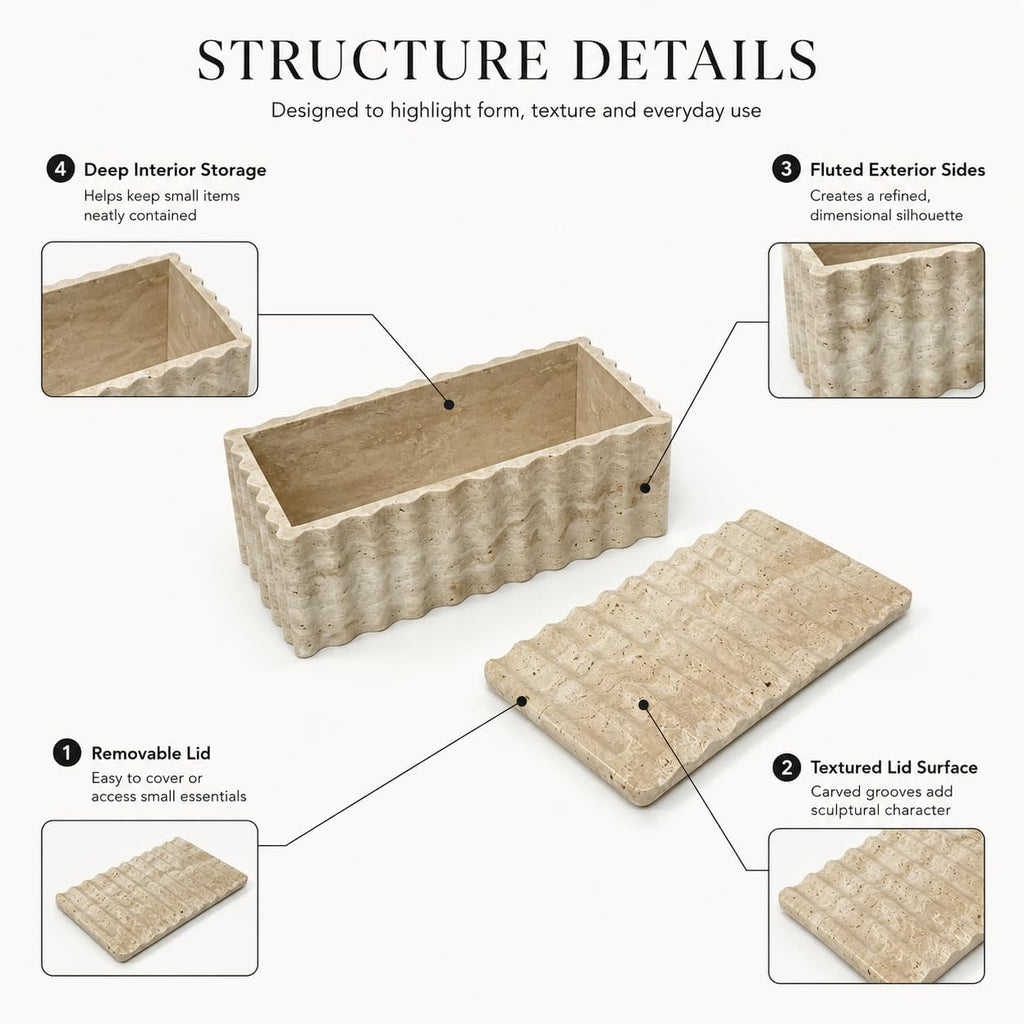 Travertine Storage Box with Lid, Wave Stone Organizer