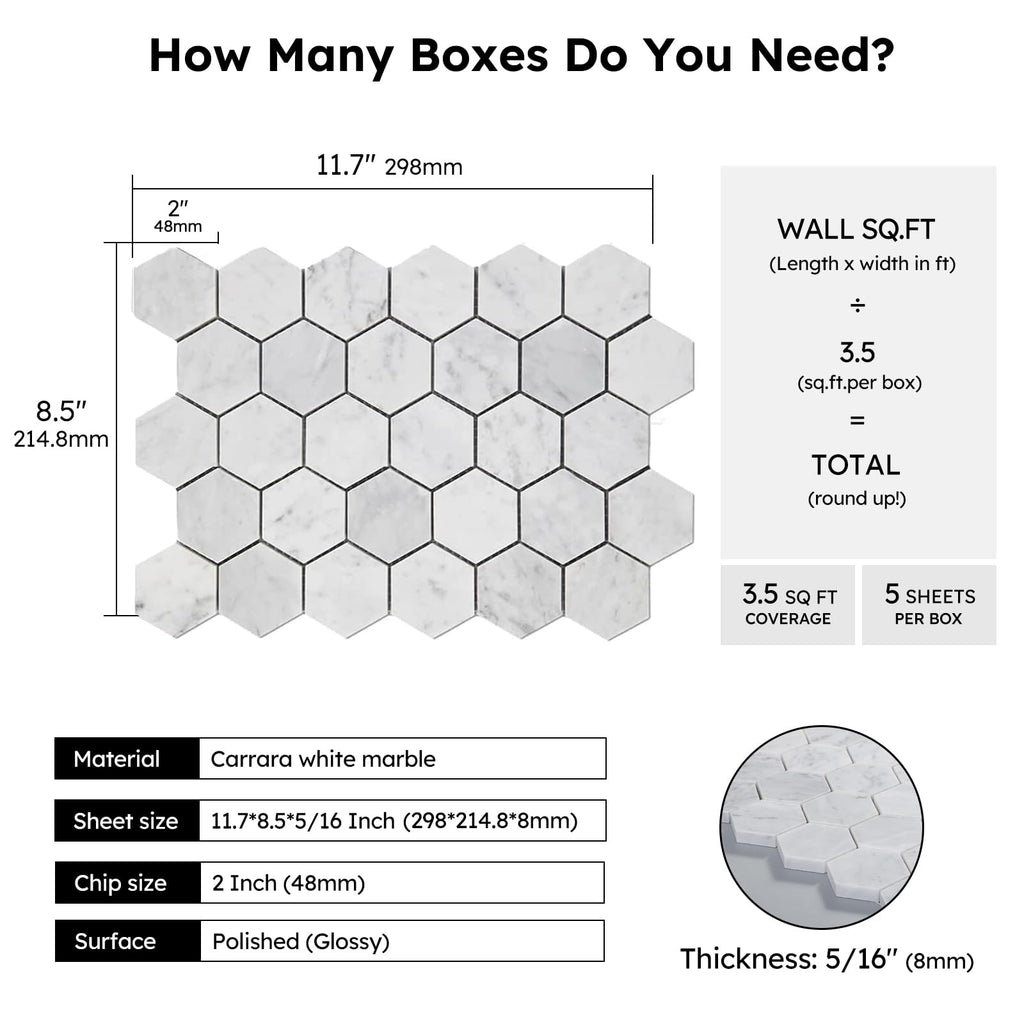 Carrara White Marble Mosaic Tile, 2 Inch Hexagon, Polished, 5 Sheets