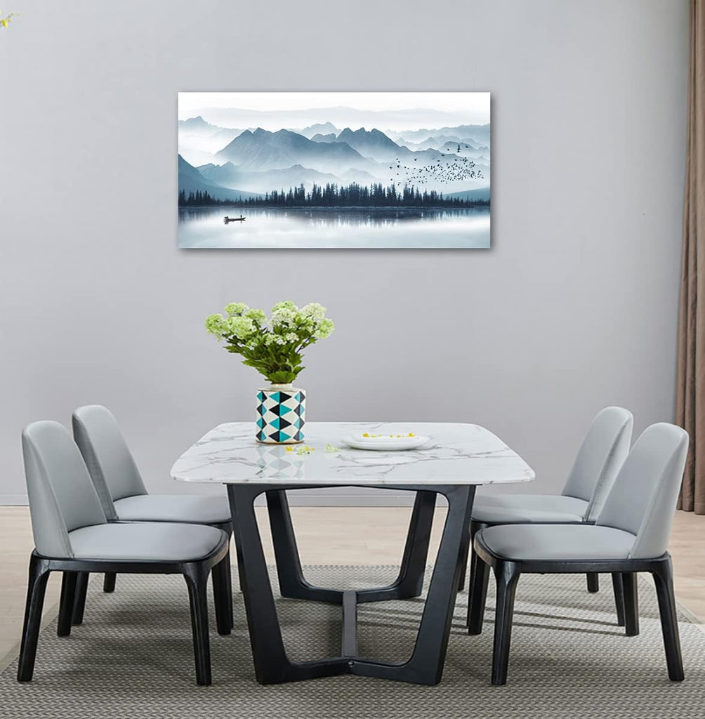 Indigo Canvas Wall Art Misty Mountain Wall Pictures Foggy Lake Boat Painting Prints Forest Birds Artwork Wall Decor