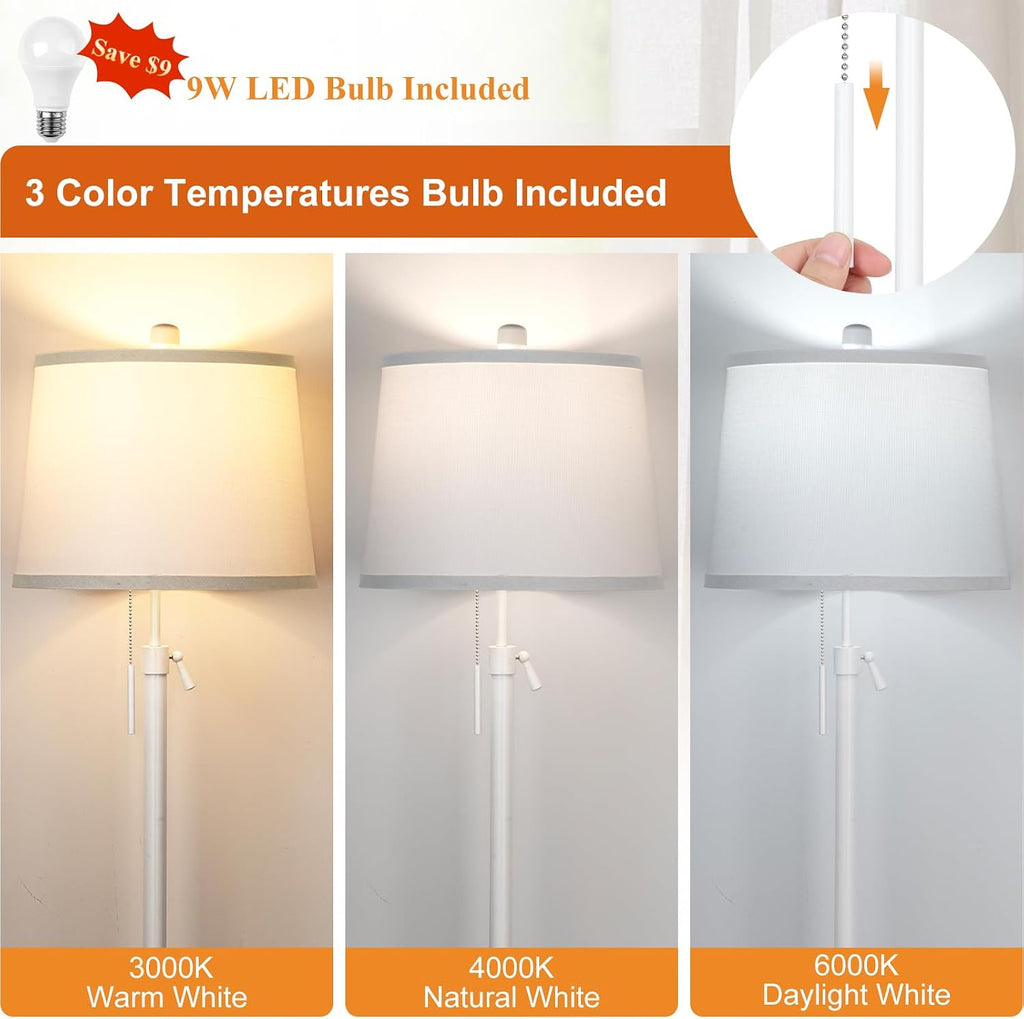 White Floor Lamp 55-65" Adjustable Height Modern Standing Lamp with Pull Chain Tall Pole Light with White Shade