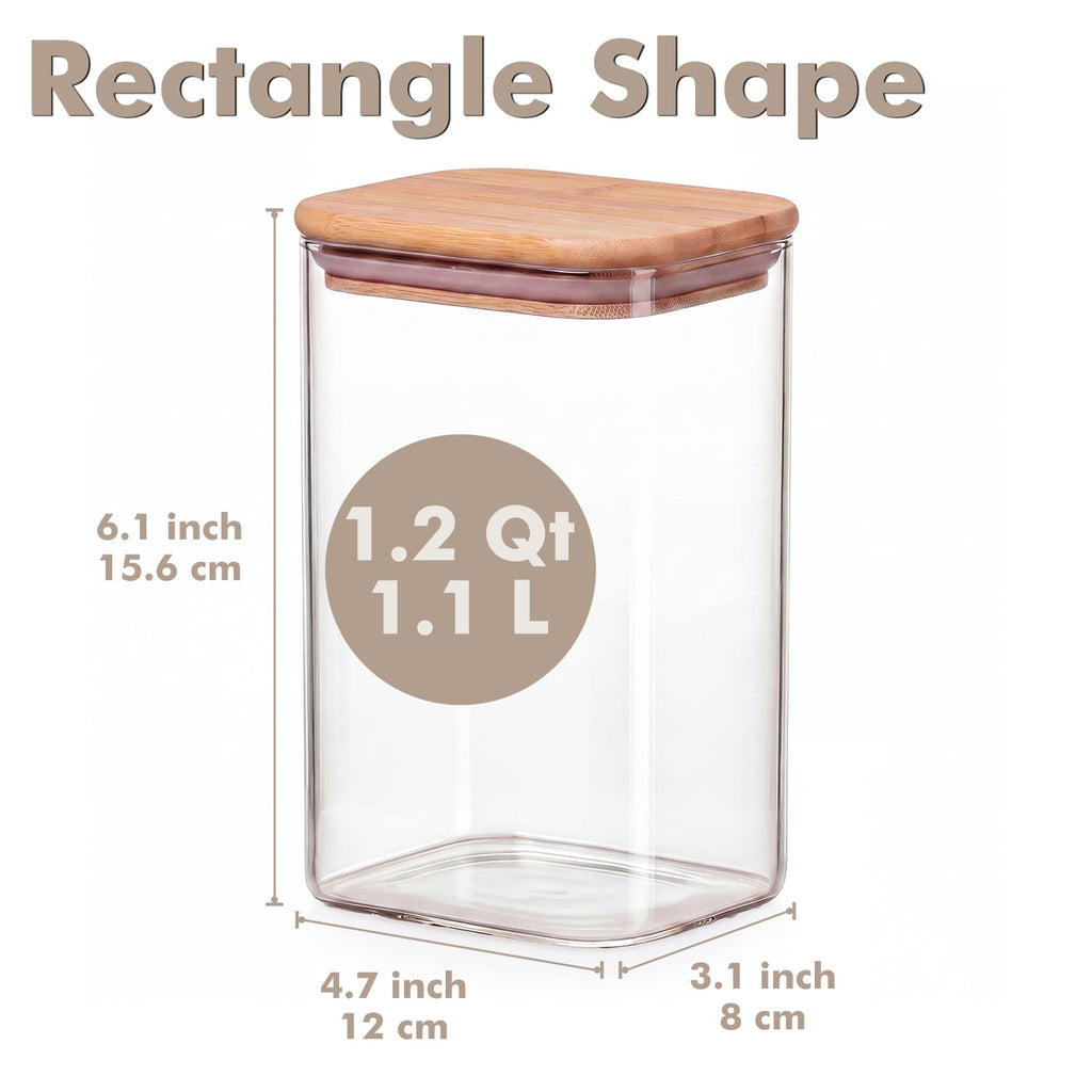 6-Pack 1.2Qt Rectangle Glass Storage Jars with Bamboo Lids