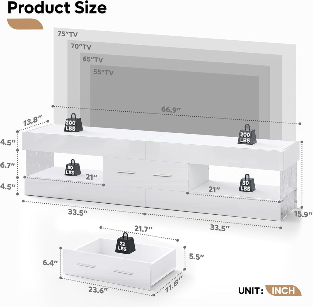67" Modern TV Stand for TVs up to 75 Inch, High Gloss LED Entertainment Center with Stone-Patterned Doors, TV Console