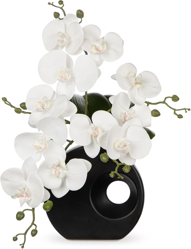 Artificial Orchid Flowers in Black Modern Ceramic Vase 15.7" Tall White Faux Orchid Arrangement Silk Orchid Flower