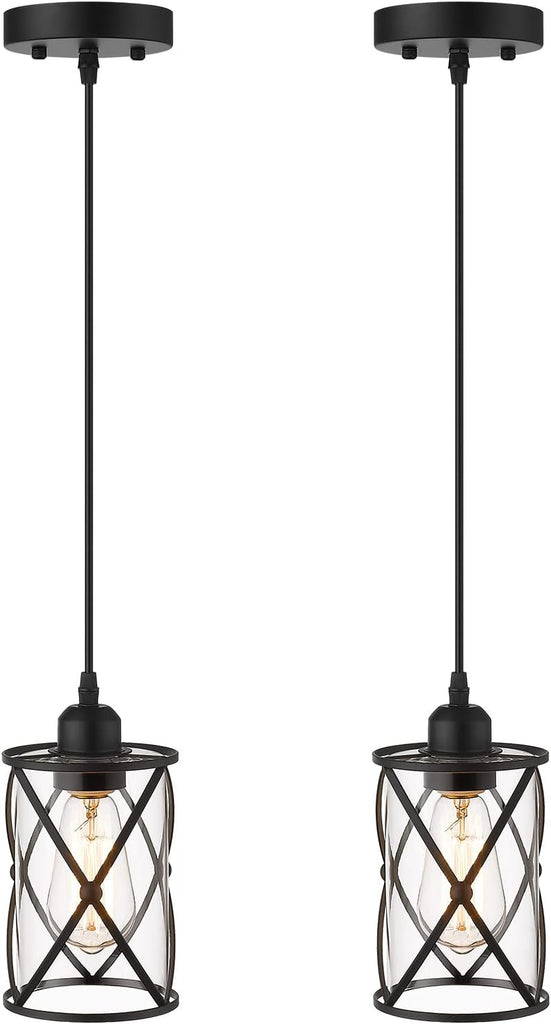 Glass Pendant Lights Kitchen Island 2 Pack, Black Mini Pendant Light with Clear Glass, Farmhouse Industrial Cage