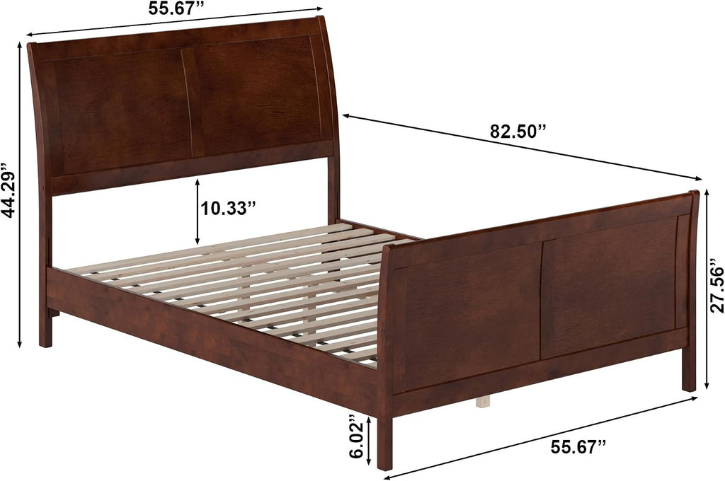 Valencia Full Solid Wood Low Profile Sleigh Platform Bed with Matching Footboard, Walnut