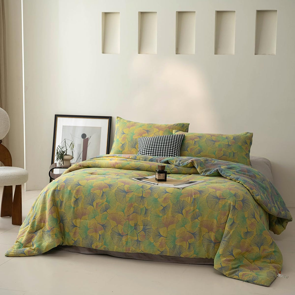 100% Cotton Gauze Jacquard Comforter Set, Floral Ginkgo Leaf Print, Soft 2 Layers Reversible Lightweight 3 Piece